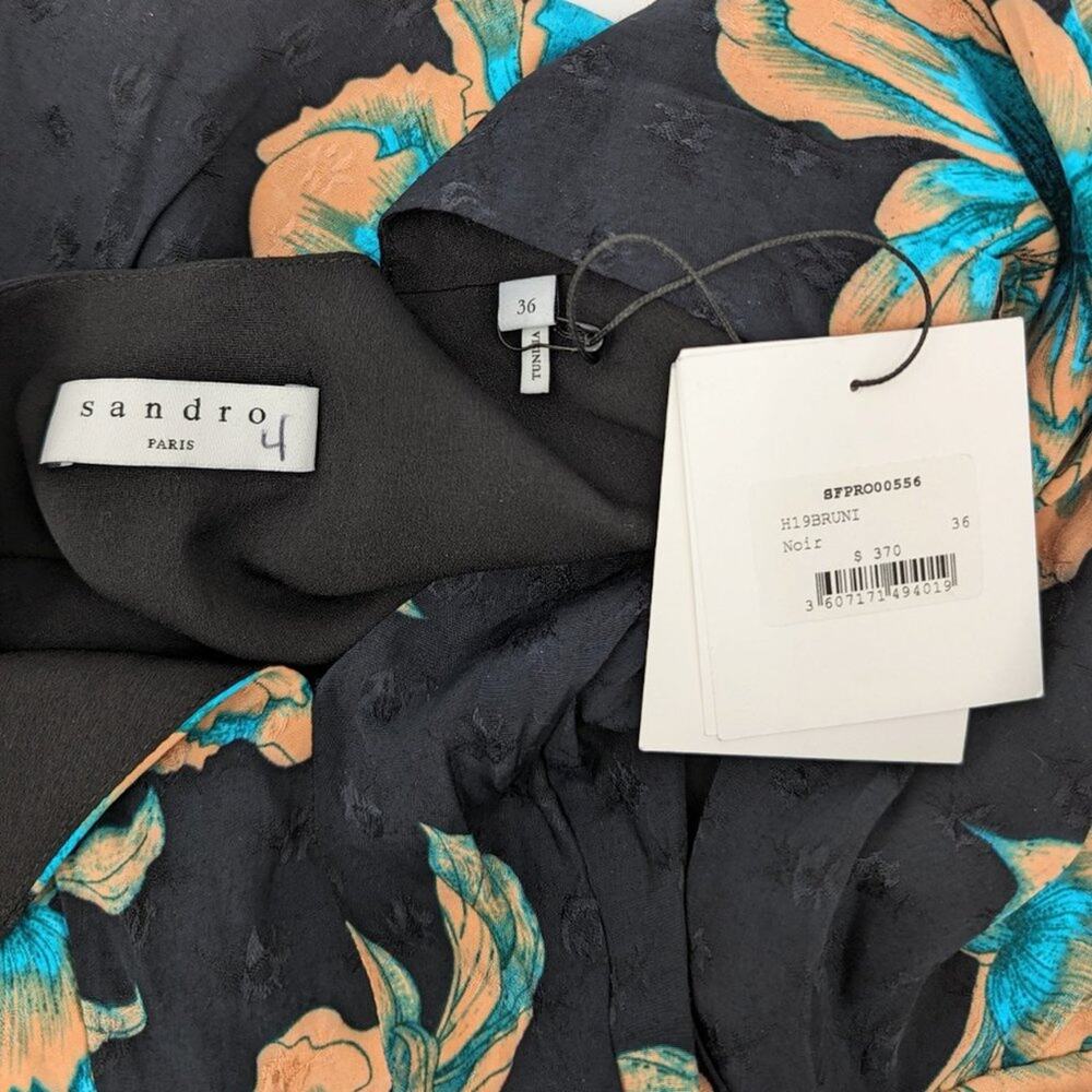 Sandro Paris Bruni Asymmetric Black Floral Wrap Mini Dress New 36 Small 2 4 - Picture 6 of 11